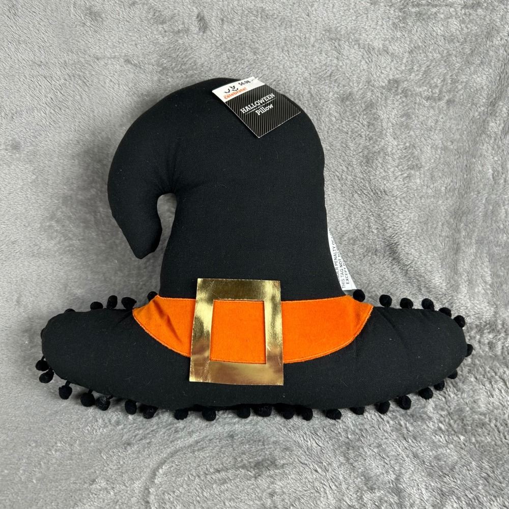 Way to Celebrate Halloween Witch Hat Decorative Pillow Black Orange Pom Pom NWT